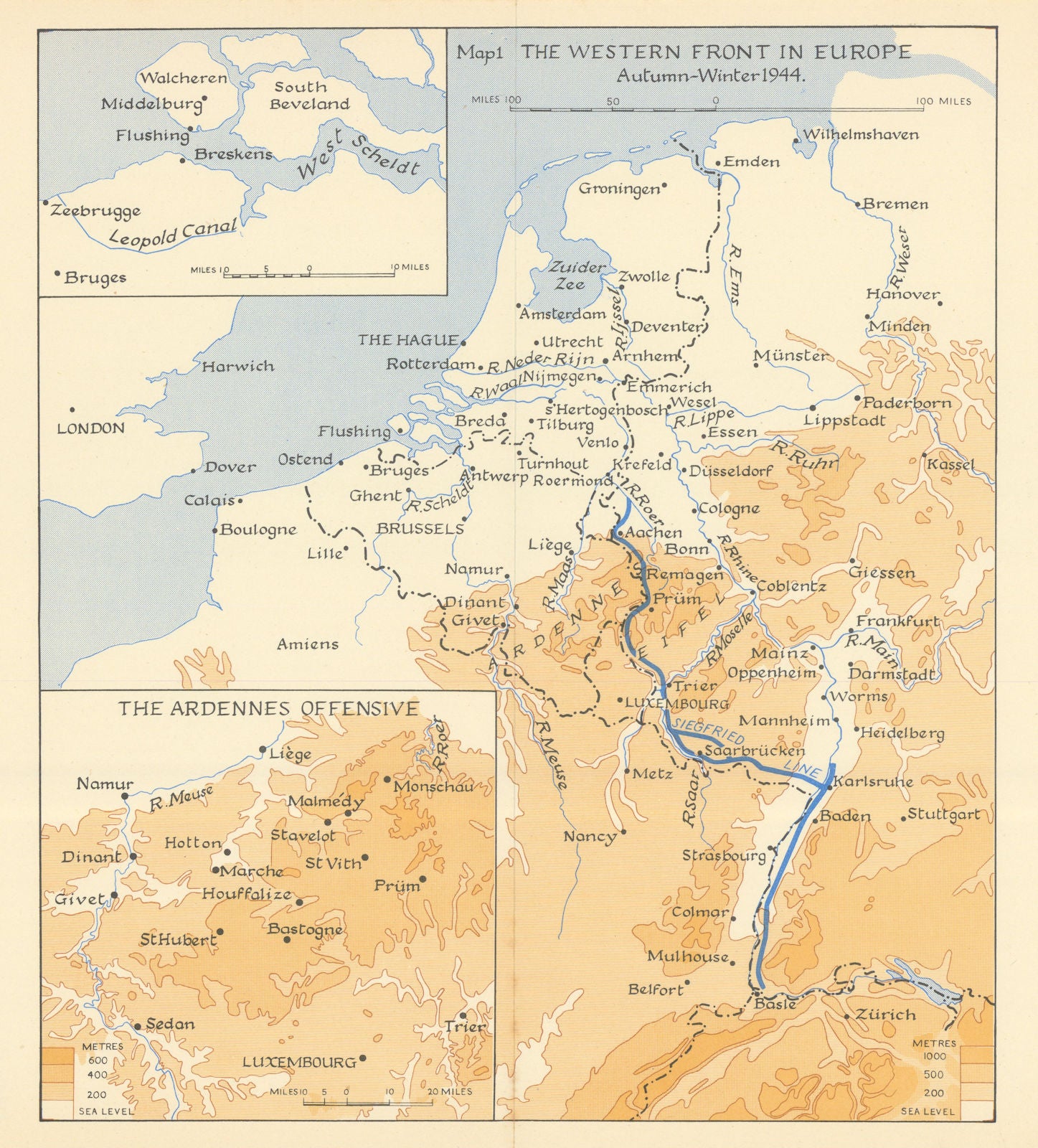 Western Front in Europe, Autumn-Winter 1944. Ardennes Offensive. WW2 1956 map